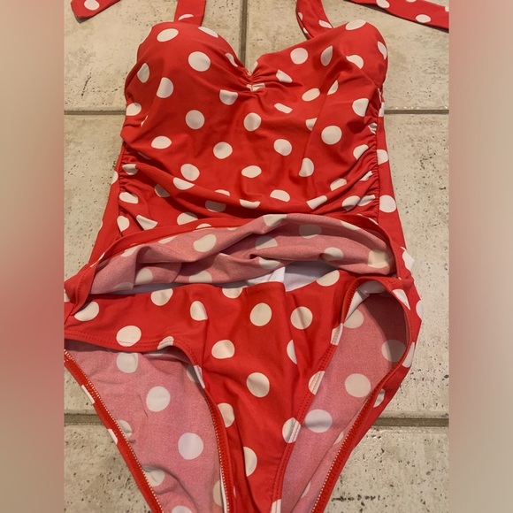 Retro Red & White Polka Dot Ruched Halter One-Piece Swimsuit- Small - Picture 4 of 5